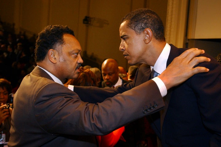 Jesse Jackson with then-Sen. Barack Obama (D-Ill.) as the 109th Congress is sworn in on Jan. 4, 2005.