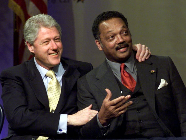 President Bill Clinton embraces Jesse Jackson at a Rainbow/Push Coalition event in New York City in 2000.