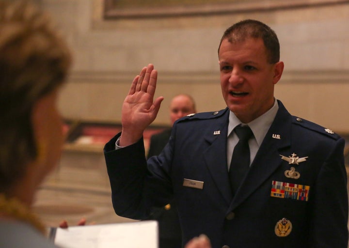  Lieutenant Colonel Bryan (Bree) Fram is an active duty astronautical engineer and transgender service member in the US Air Force promoted at the National Archives and reaffirming his oath administered by Congresswoman Madeleine Bordallo (D-GU), in front of the U.S. Constitution. 