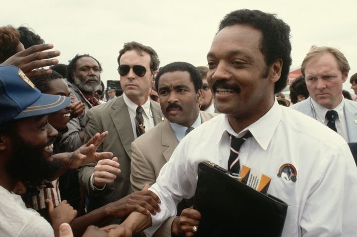 Jesse Jackson campaigns for president in 1984 at a stop in Texas.