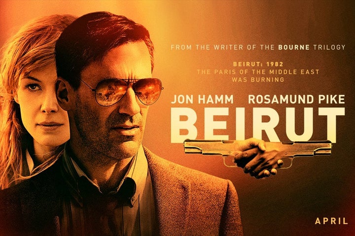 <p>Jon Hamm and Rosamund Pike in a new promotional image for their movie “Beirut” </p>