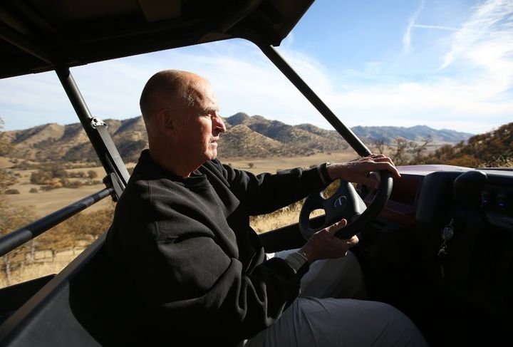 Governor Jerry Brown tours his off-the-grid 150-year old family ranch in a remote part of Northern California in his all-terrain vehicle.
