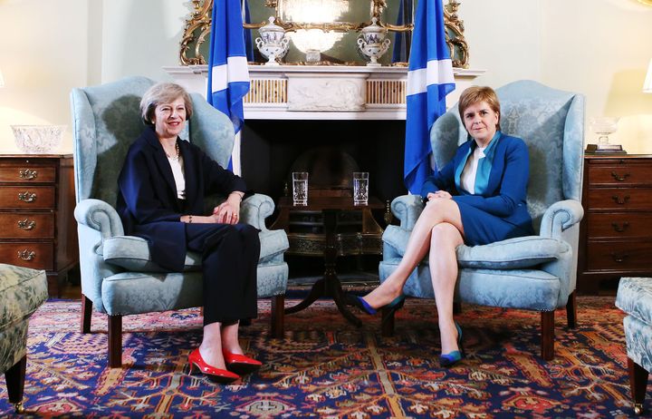 Theresa May with Nicola Sturgeon at Bute House in Edinburgh