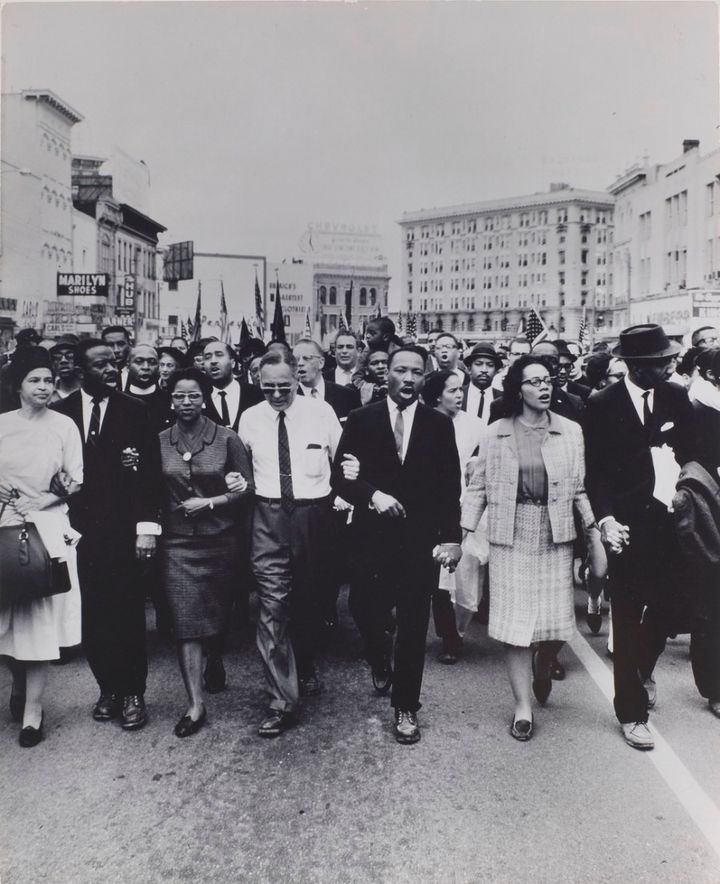 Rosa Parks, Dr. and Mrs. Abernathy, Dr. Ralph Bunche, and Dr. and Mrs. Martin Luther King, Jr. leading marchers into Montgomery, 1965. 