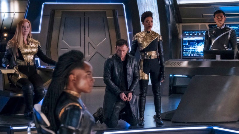 The crew of the U.S.S. Discovery (NCC-1031) poses as their “Mirror Universe” counterparts.