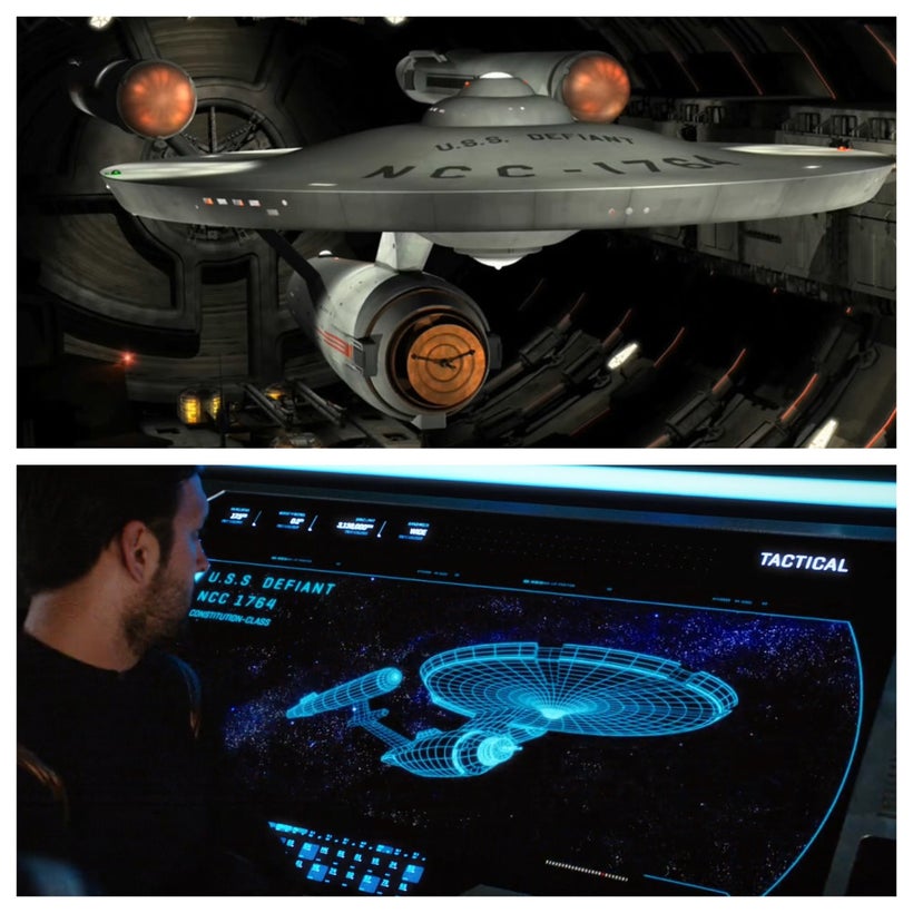 The U.S.S. Defiant (NCC-1764) as seen being held by the “Mirror Universe” Tholians in 2155, and a schematic of the vessel see