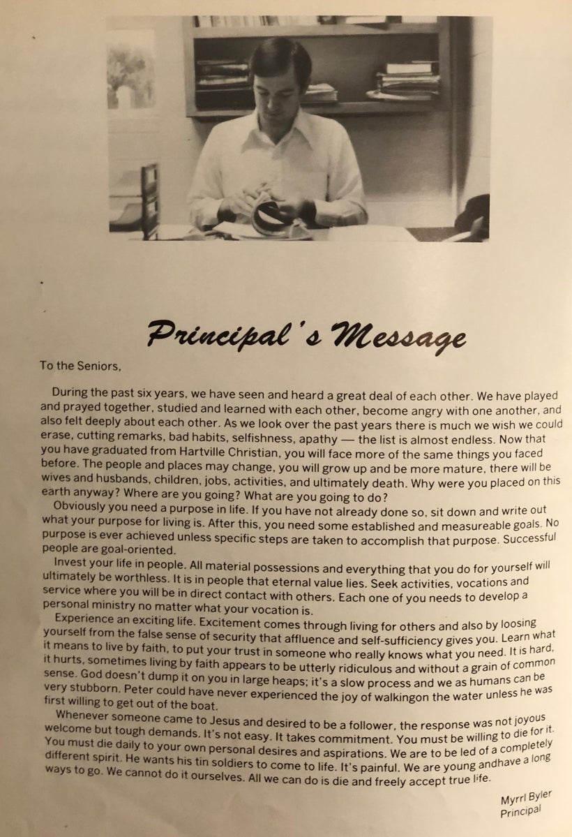 A portrait of Myrrl Byler at his desk in the principal’s office. Below is the Principal’s Message that begins each yearbook.