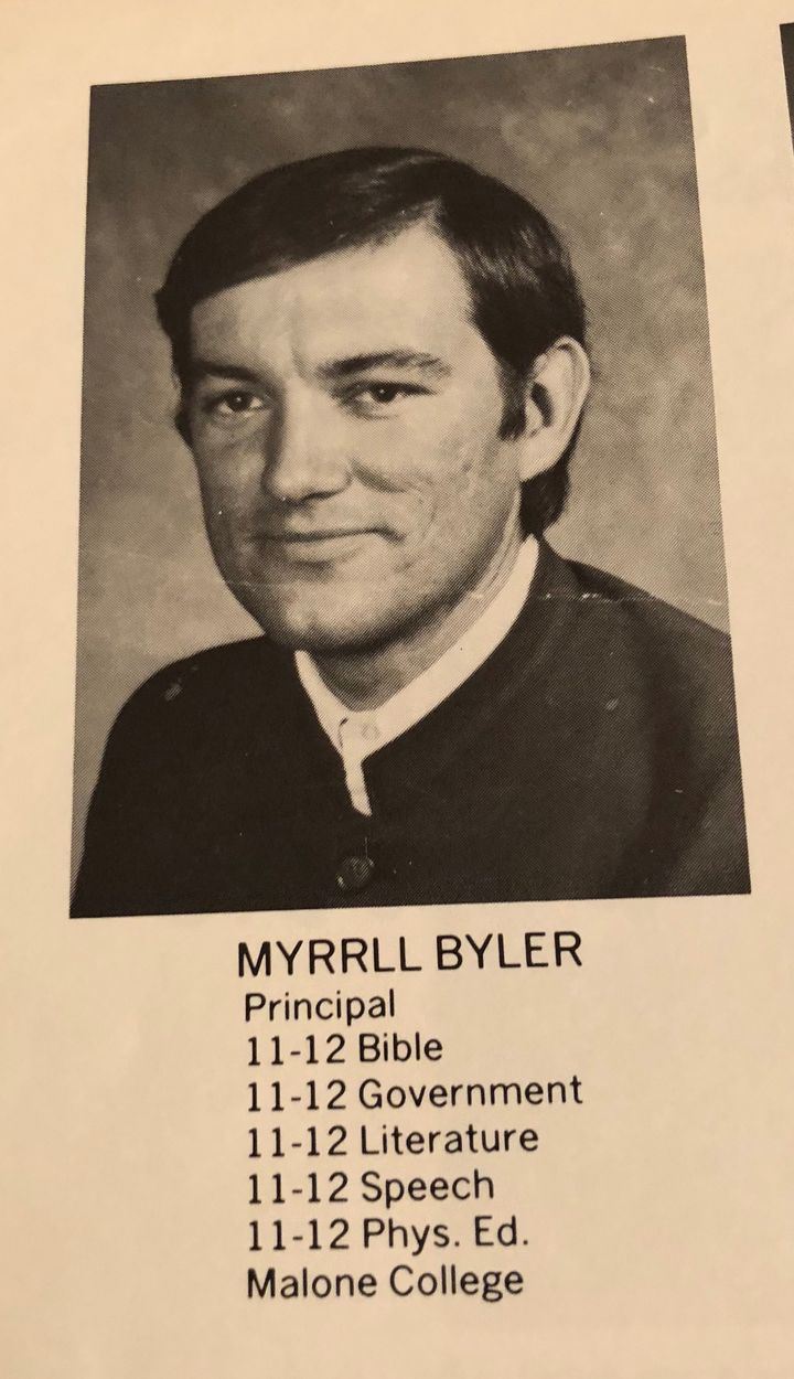 <p>Official portrait of Myrrl Byler his last year at Hartville Christian School, the year the author’s senior class graduated.</p>