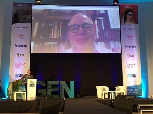 Michael Wolff via Skype at the Global Editors Network’s annual conference in June 2017 (Abu-Fadil)