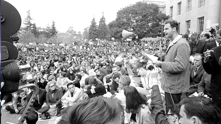<p><strong>Mario Savio, an early member of the Berkeley Free Speech Movement, delivering his "Put your bodies upon the gears” speech at Berkeley University in December, 1964. </strong></p>
