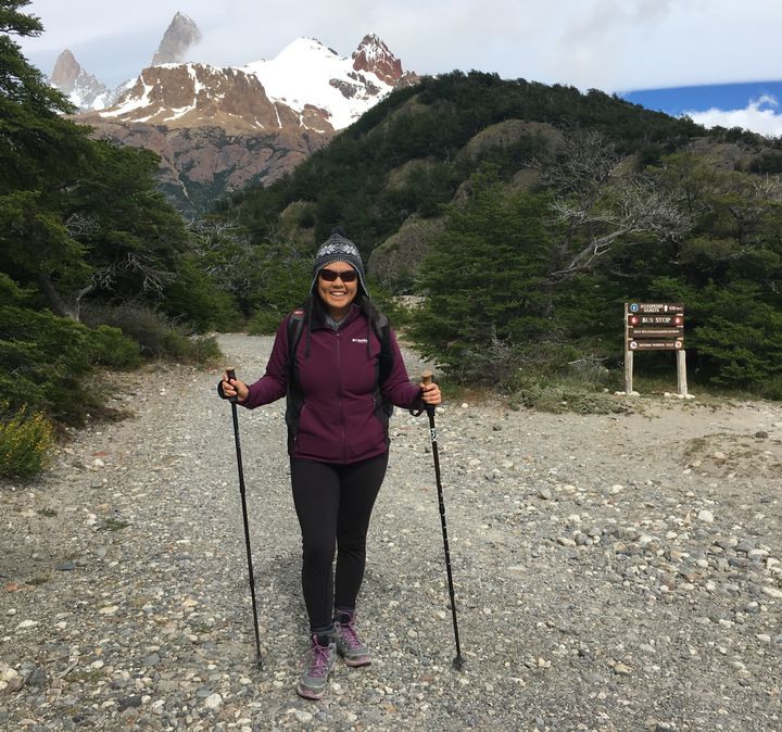 Innocently grinning at the start of a 14-mile, nine-hour hike in Patagonia, Argentina.