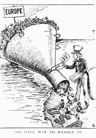 A political cartoon advocating using a quota system to keep out European immigrants who were considered undesirable.