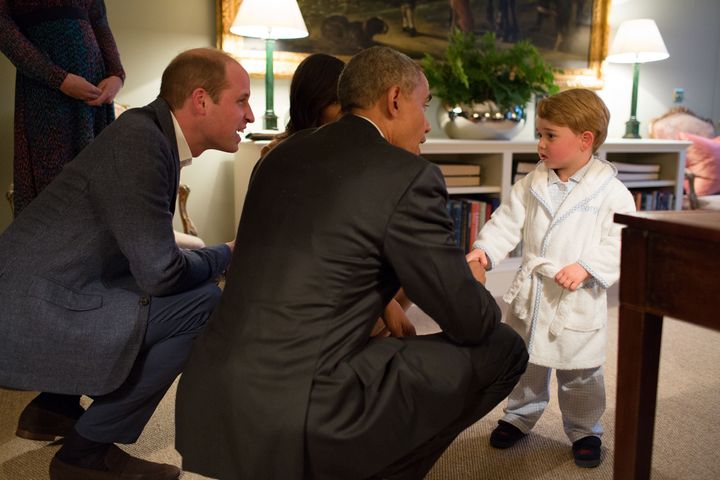 Prince George meeting with the then President of the United States Barack Obama at Kensington Palace.