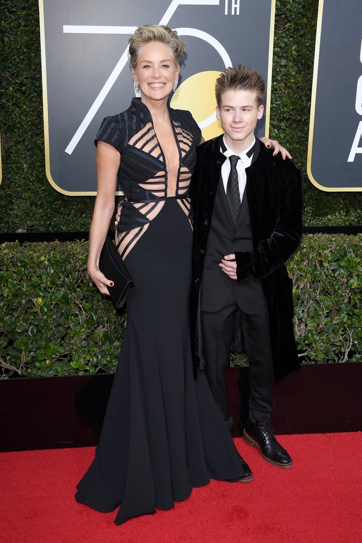 Stone with her son, Roan Joseph Bronstein, at the Golden Globe awards on Jan. 7. 