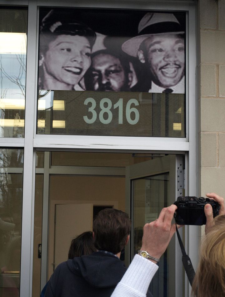 <p>An entrance at the MLK Legacy apartments constructed on Chicago’s West Side in the 1500 block of South Hamlin where Dr. King lived once lived with his wife and children.</p>