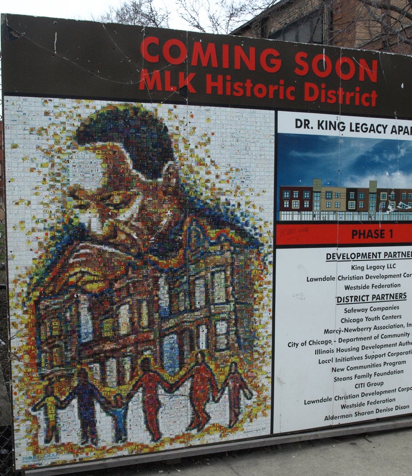 A sign marks the way for progress near the MLK Legacy apartments constructed on Chicago’s West Side in the 1500 block of Sout