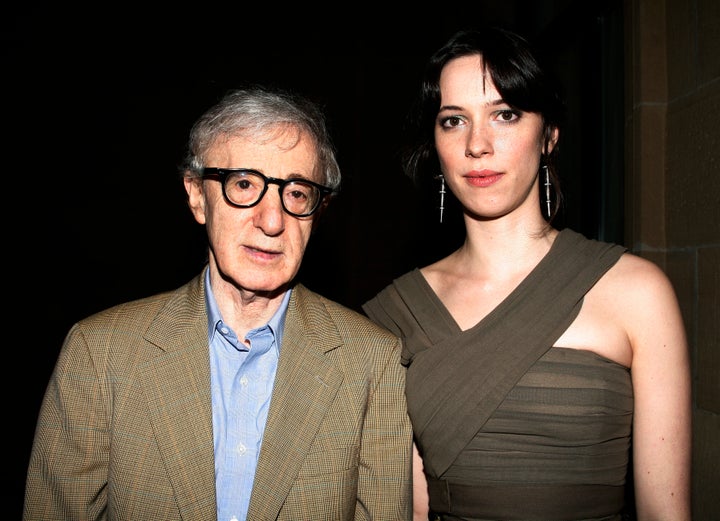 Rebecca Hall (right) poses with director Woody Allen at a film festival in Spain in September 2008.