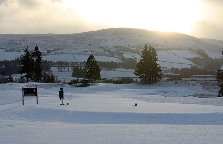 A snow covered first tee at the PGA Centenary course Gleneagles in Perthshire on Tuesday morning
