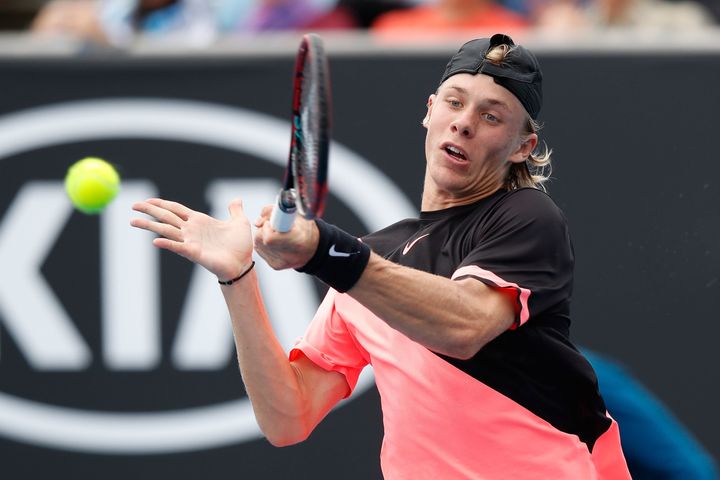 Denis Shapovalov blasts a forehand en route to his three-set victory on Monday.