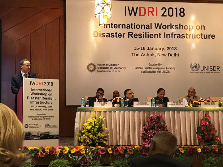 The head of UNISDR, Robert Glasser, speaking at the opening of the international workshop on disaster resilient infrastructure in New Delhi.  