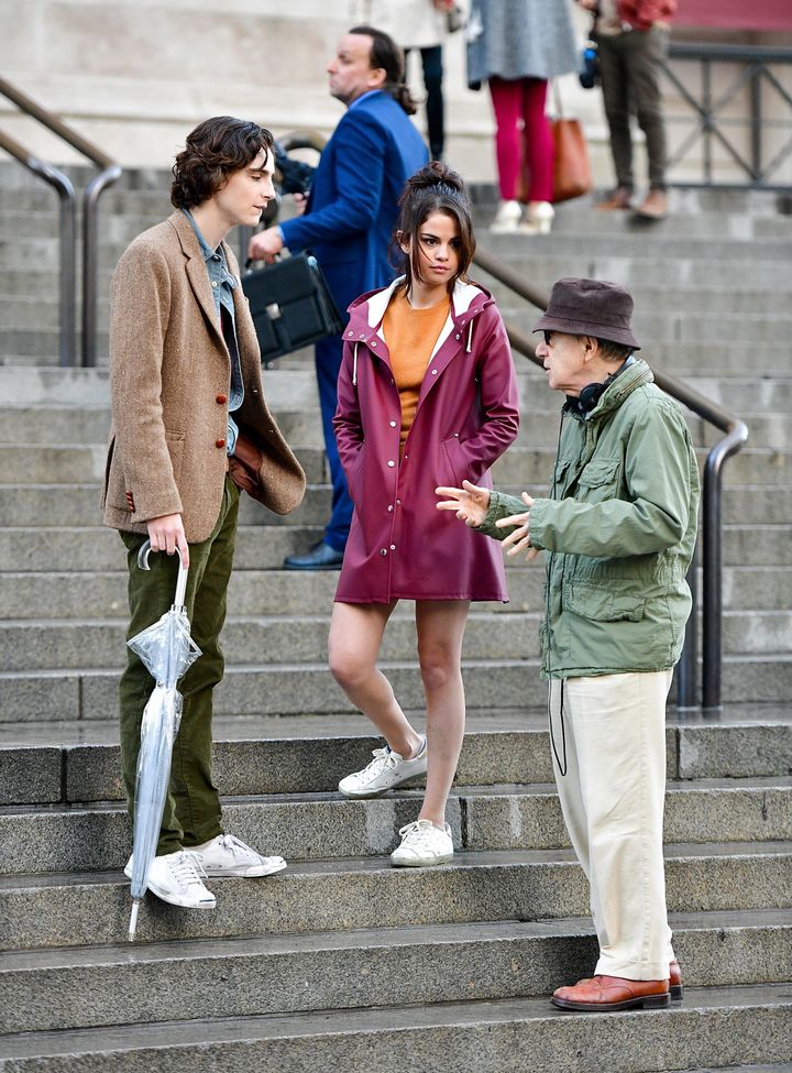 Timothée Chalamet, Selena Gomez and Woody Allen on set. 