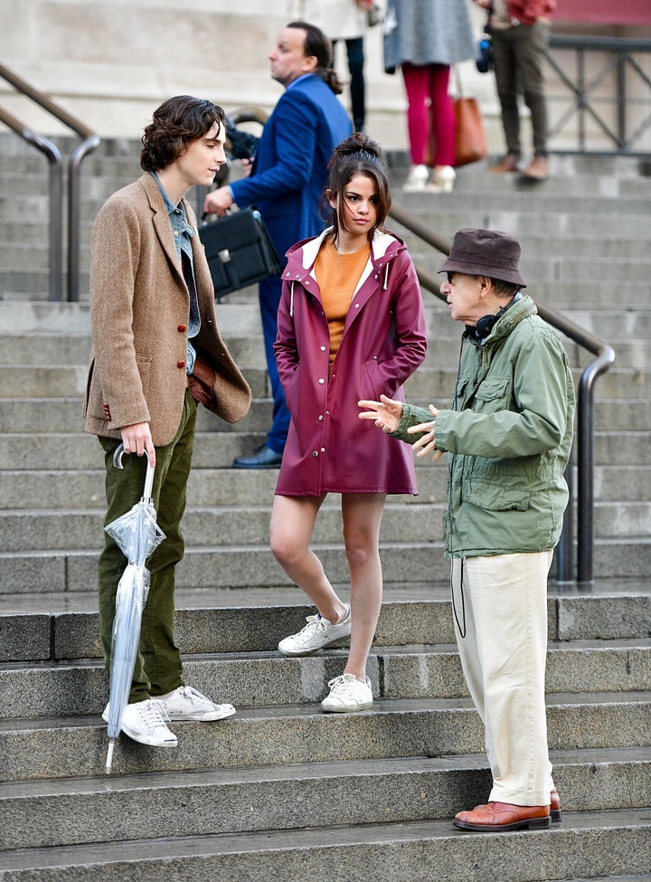 Timothée Chalamet, Selena Gomez and Woody Allen on set. 