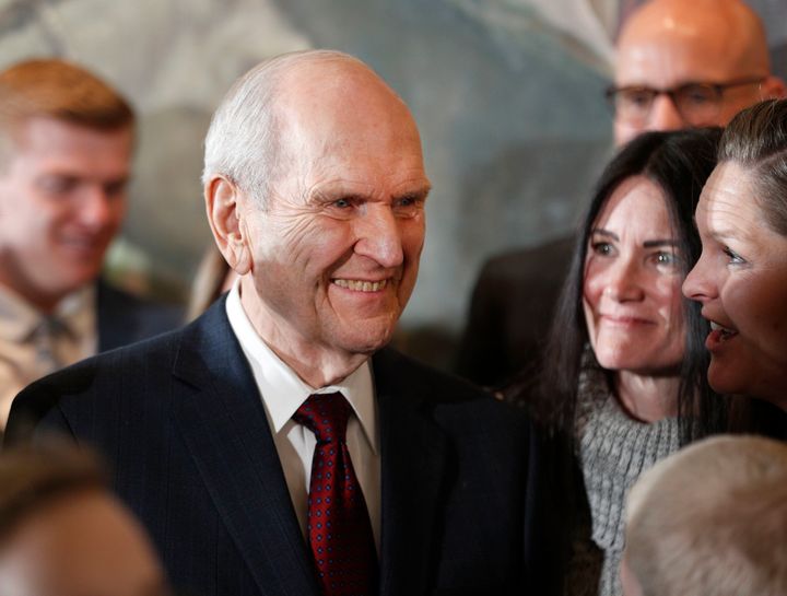 Russell M. Nelson, 93, the new president of the Church of Jesus Christ of Latter-Day Saints, greets family members after a press conference on Tuesday in Salt Lake City.