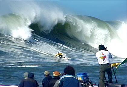<p>Kelly Slater with the bottom turn at Maverick’s. </p>