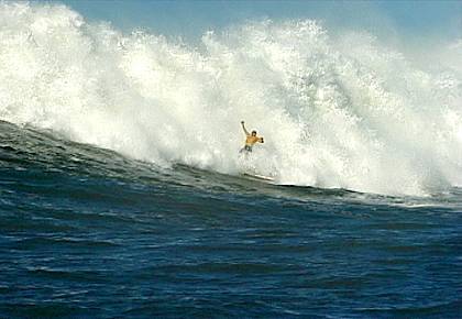 Kelly Slater hanging on in the whitewash at Maverick’s. 