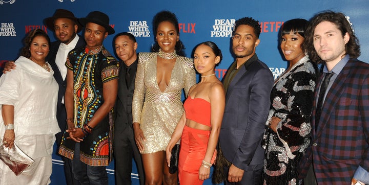 Cast and crew members of "Dear White People" pose for a group photo in Los Angeles on April 27, 2017.