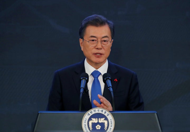 South Korean President Moon Jae-In delivers a speech during his New Year news conference at the Presidential Blue House in Se
