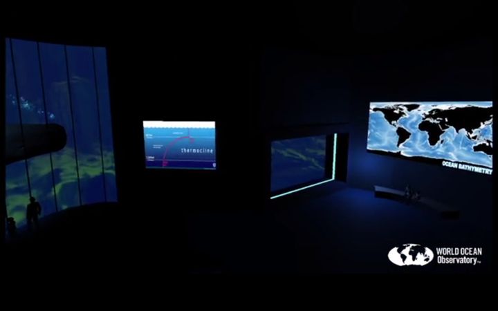 Interior of the EXPLORER virtual aquarium. Notice the large species visible from the underwater observation room, the bathymetric chart, and other learning opportunities and curriculum available at a click.