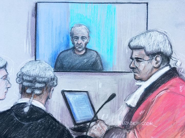 Court artist sketch of Barry Bennell, appearing via videolink at Liverpool Crown Court, where he is accused of 48 counts of child sexual abuse.