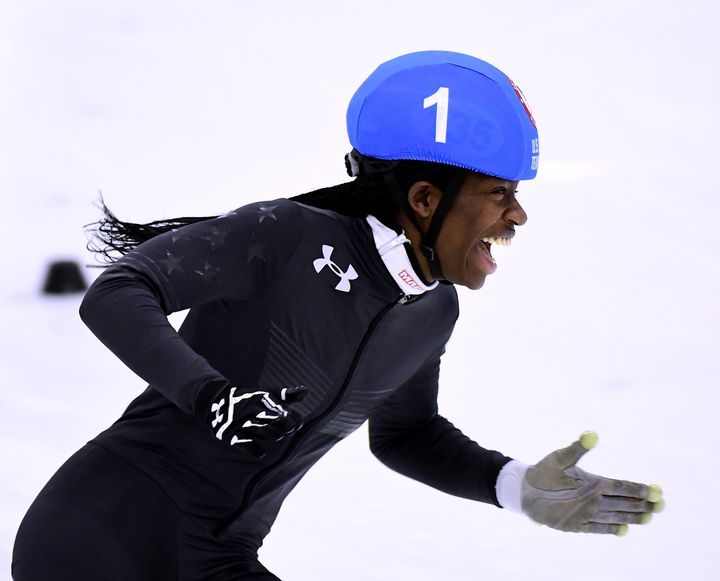 Biney celebrating her victory during the Olympic team trials in December 2017.