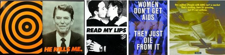 <p><strong>Left: Donald Moffet, He Kills Me, 1987. Right: Gran Fury, Read My Lips (Boys), 1988. Women Don’t Get AIDS, 1991. One Million (People with AIDS), 1989. Like the best advertising campaigns, the Gay Countercultural artists plastered America’s cities with iconography that stopped people in their tracks.</strong></p>