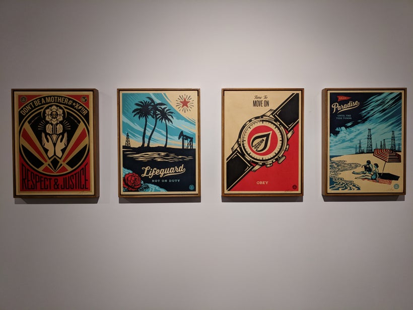 Shepard Fairey’s artwork on display at this week’s INTO ACTION! exhibition in downtown Los Angeles.
