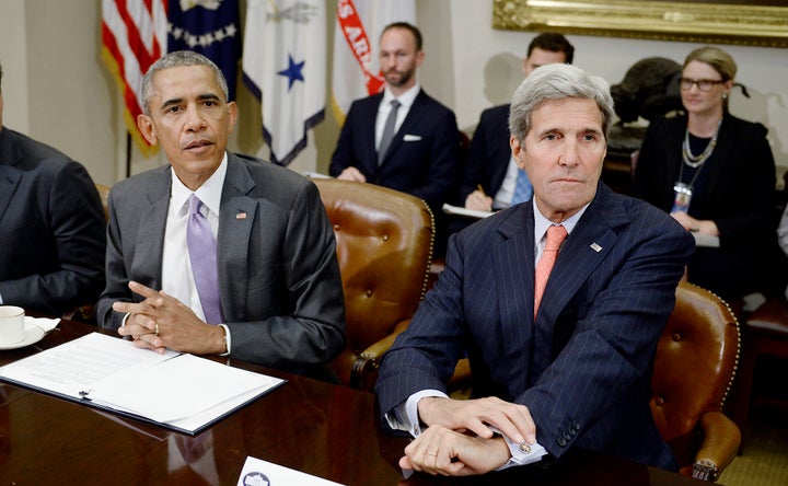 Then-President Barack Obama and his secretary of state, John Kerry, discuss the Iran nuclear deal at the White House in September, 2015.