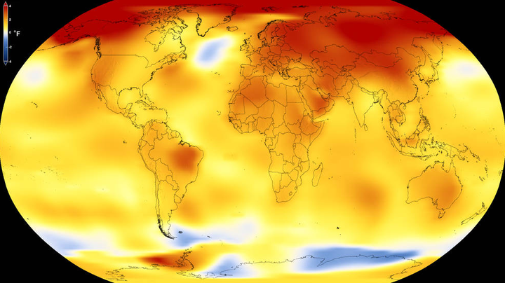 This map from NASA shows average global temperature from 2013 to 2017, as compared to a baseline average from 1951 to 1980. Yellows, oranges, and reds indicate regions where temperatures were warmer than the baseline.