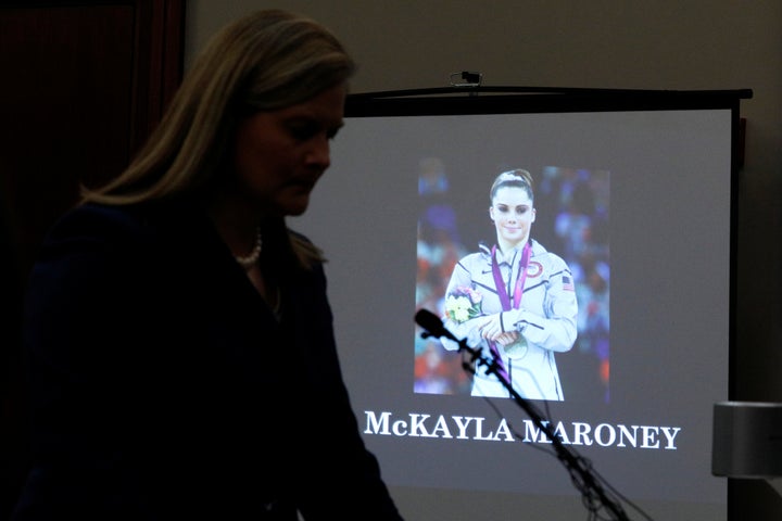 Prosecutor Angela Povilaitis reads Maroney's victim impact statement during Larry Nassar's sentence hearing on Thursday. 