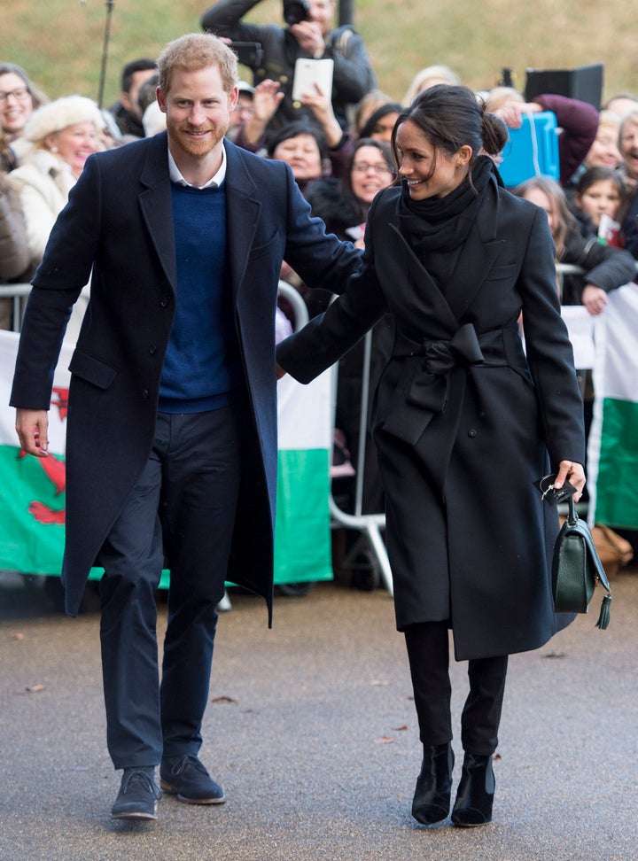 Prince Harry and Meghan Markle arrive at Cardiff Castle on Jan. 18, 2018.