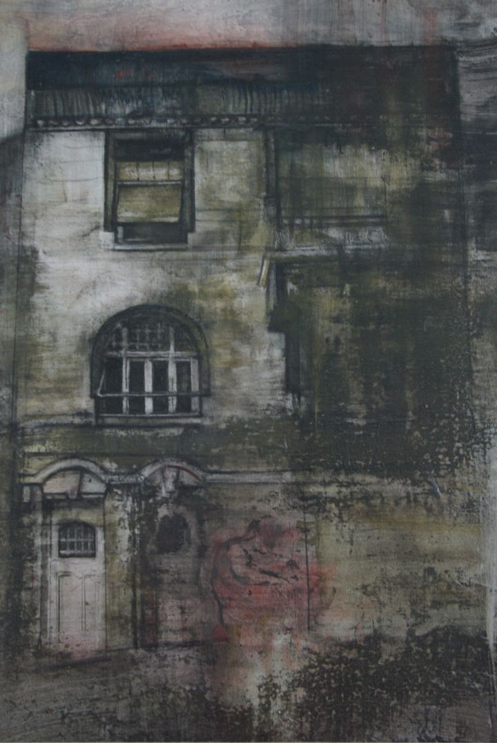 Μαρία Γιαννακάκη, «Σπίτι του Μεσοπολέμου». Κάρβουνο και ακρυλικά σε μουσαμά, 44x63. 