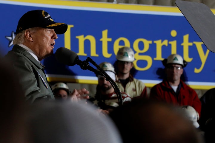 President Trump delivers a speech aboard the U.S. Navy aircraft carrier Gerald R. Ford in Newport News, Virginia.