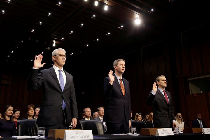 Congress grilled representatives from Facebook, Twitter and Google over their advertising and privacy practices in November 2017. (Pictured from left to right: Colin Stretch, Facebook general counsel, Sean Edgett, Twitter acting general counsel, and Richard Salgado, Google director of law enforcement and information security.)