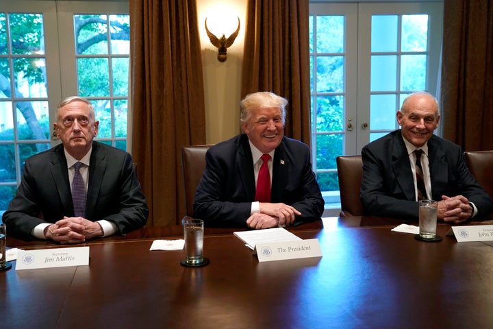 President Donald Trump, flanked at a White House meeting on Oct. 5, 2017, by Defense Secretary James Mattis and White House Chief of Staff John Kelly.