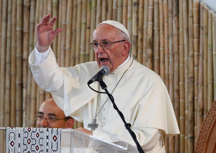 Pope Francis speaks with members of Peruvian indigenous groups in Puerto Maldonado, Peru, on Jan. 19. It's the final leg of what has been a tense and controversial papal trip to South America.
