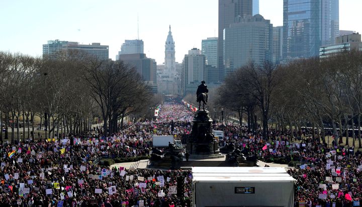 Crowds gather to participate in the Second Annual Women's March in Philadelphia, Pennsylvania.
