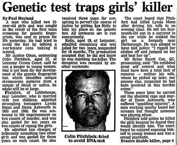Πρωτοσέλιδο δημοσίευμα της βρετανικής εφημερίδας Guardian (1988) για την σύλληψη του Colin Pitchfork, του πρώτου υπόπτου για τη διάπραξη δολοφονίας ο οποίος καταδικάστηκε με βασικό αποδεικτικό υλικό το DNA. 