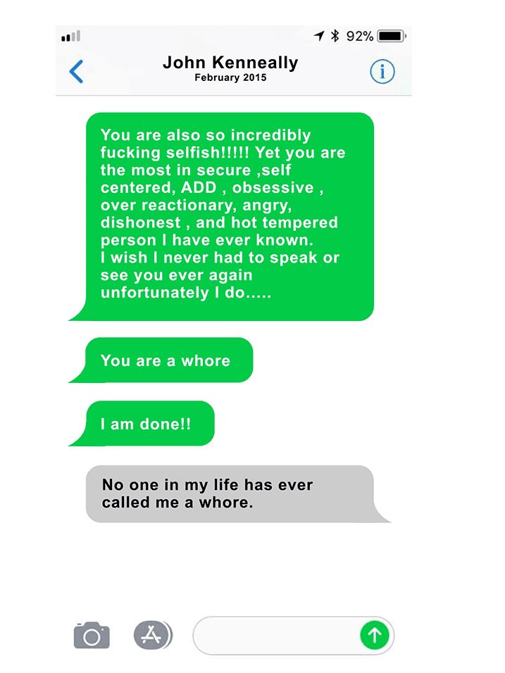 A text exchange between Page Zeringue and her boss, John Kenneally. He sent her a string of messages like this throughout their relationship.