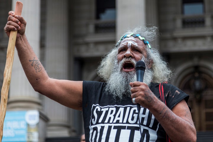 An elder protester speaks during a demonstration on Australia Day on Jan. 26, 2017. 