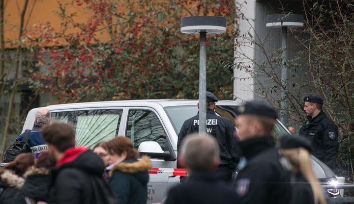 A hearse leaves the Käthe Kollwitz school in Lünen after the death of a pupil at the school on Tuesday 